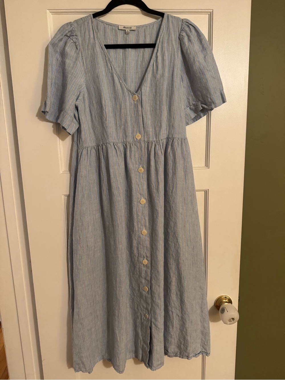 Madewell Light Blue Striped Button-Front Midi Dress Linen Size Medium